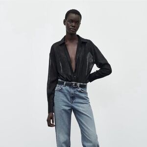 Zara Black Semi Sheer Shirt with Metallic Threads